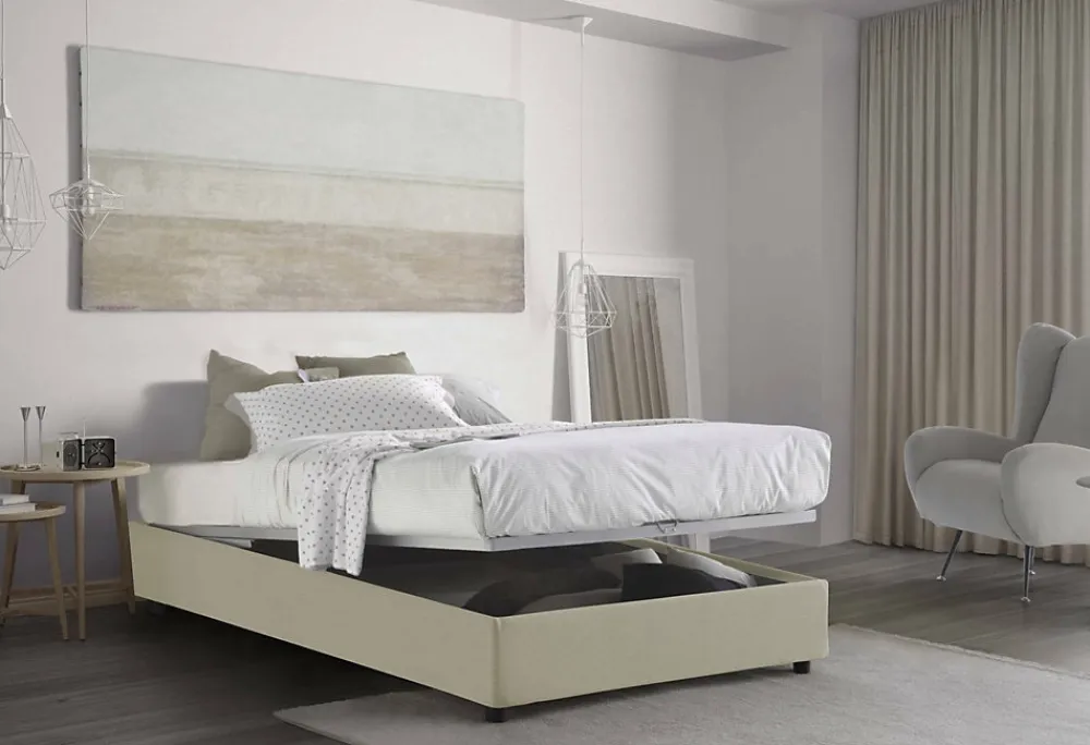 Lit double Dmalizi, Lit coffre avec revêtement en tissu, Ouverture frontale, avec matelas 120x200 cm inclus, Beige>Talamo Italia Sale