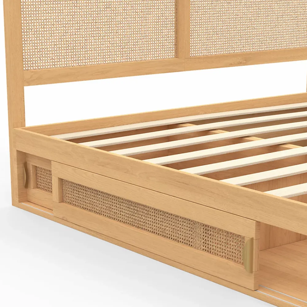 IDMarket Lit double EDHEN avec rangements + tête de lit effet cannage naturel et sommier 140 x 190 cm coloris bois* Lit Avec Rangement