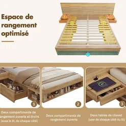 ModernLuxe Lit double en bois 180x200cm - avec tiroirs et 2 tables de chevet - Éclairage LED - Ports USB et Type-C - Naturel (sans matelas)* Lit Avec Rangement
