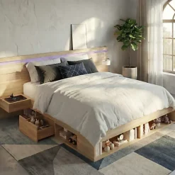 ModernLuxe Lit double en bois 180x200cm - avec tiroirs et 2 tables de chevet - Éclairage LED - Ports USB et Type-C - Naturel (sans matelas)* Lit Avec Rangement