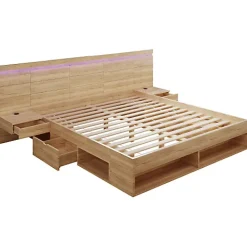ModernLuxe Lit double en bois 180x200cm - avec tiroirs et 2 tables de chevet - Éclairage LED - Ports USB et Type-C - Naturel (sans matelas)* Lit Avec Rangement