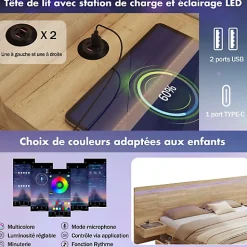ModernLuxe Lit double en bois 180x200cm - avec tiroirs et 2 tables de chevet - Éclairage LED - Ports USB et Type-C - Naturel (sans matelas)* Lit Avec Rangement