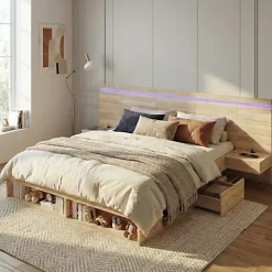 ModernLuxe Lit double en bois 180x200cm - avec tiroirs et 2 tables de chevet - Éclairage LED - Ports USB et Type-C - Naturel (sans matelas)* Lit Avec Rangement
