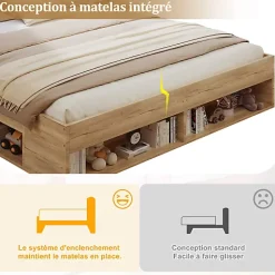 ModernLuxe Lit double en bois 180x200cm - avec tiroirs et 2 tables de chevet - Éclairage LED - Ports USB et Type-C - Naturel (sans matelas)* Lit Avec Rangement