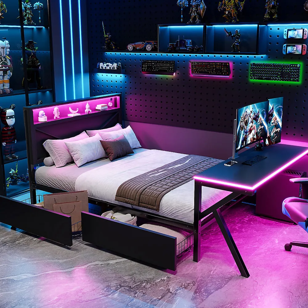 Lit double en métal 140x200cm - avec tête de lit LED - 2 tiroirs et bureau avec éclairage LED - Noir (Matelas non inclus)>ModernLuxe Sale