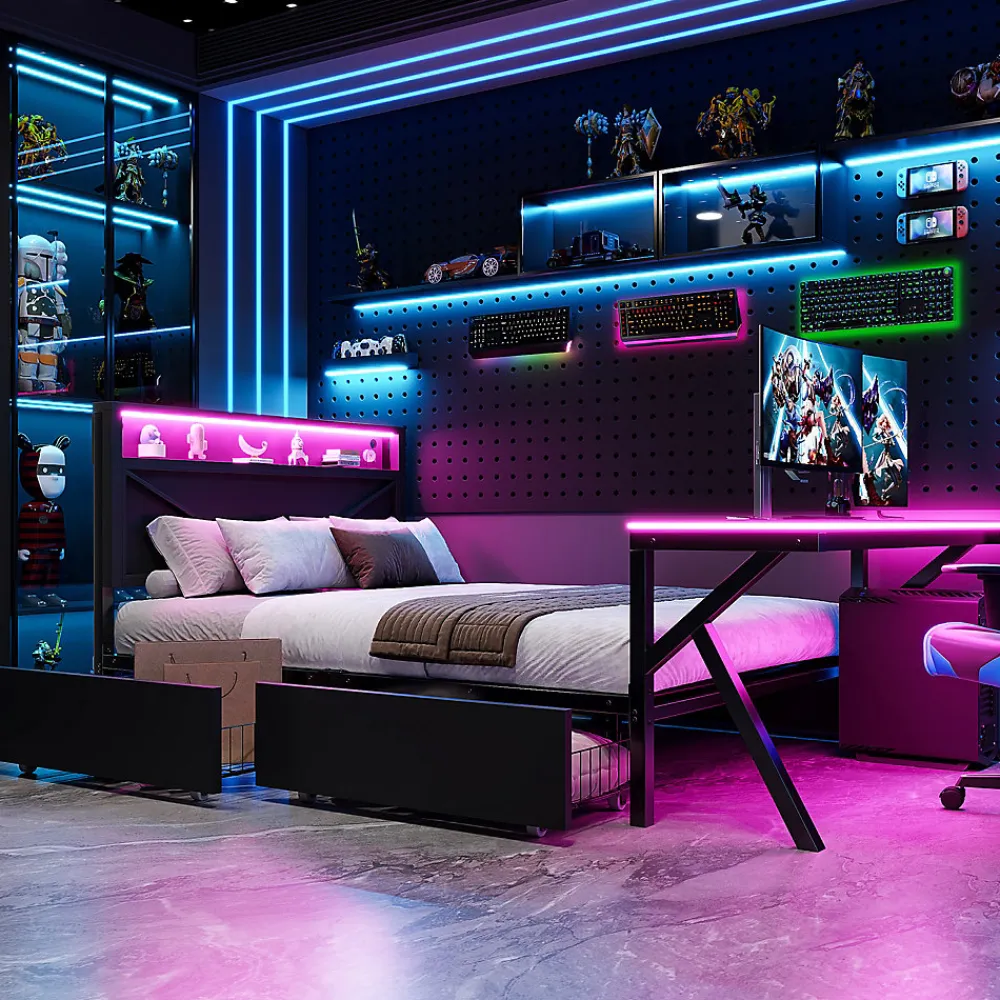 Lit double en métal 140x200cm - avec tête de lit LED - 2 tiroirs et bureau avec éclairage LED - Noir (Matelas non inclus)>ModernLuxe Sale
