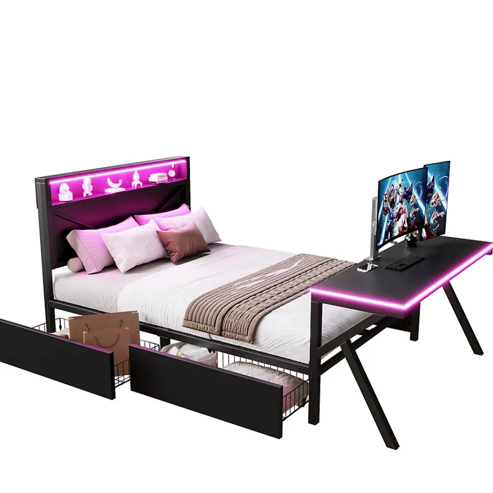 Lit double en métal 140x200cm - avec tête de lit LED - 2 tiroirs et bureau avec éclairage LED - Noir (Matelas non inclus)>ModernLuxe Sale