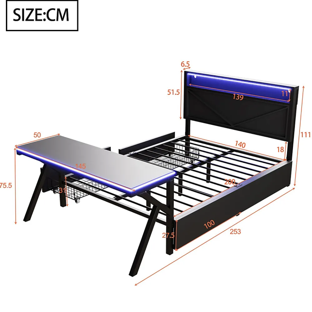 Lit double en métal 140x200cm - avec tête de lit LED - 2 tiroirs et bureau avec éclairage LED - Noir (Matelas non inclus)>ModernLuxe Sale