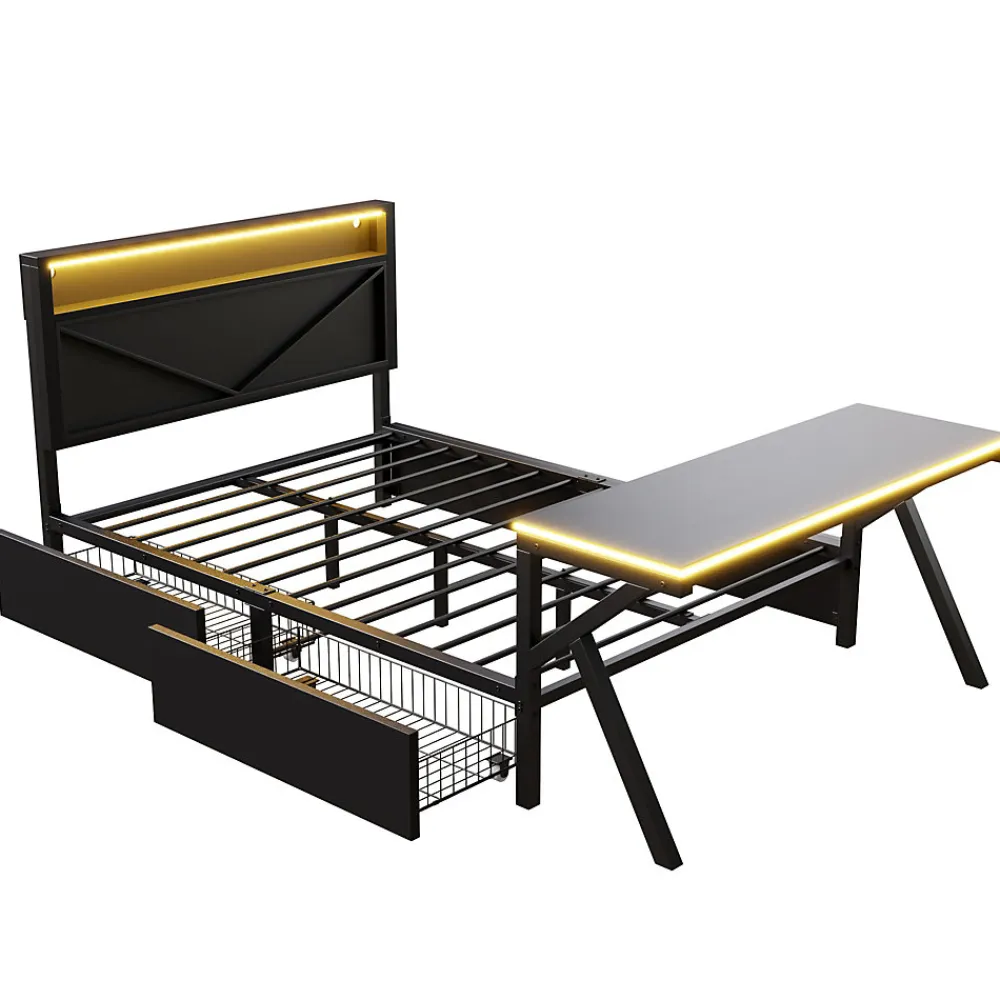 Lit double en métal 140x200cm - avec tête de lit LED - 2 tiroirs et bureau avec éclairage LED - Noir (Matelas non inclus)>ModernLuxe Sale