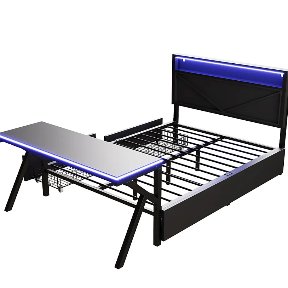 Lit double en métal 140x200cm - avec tête de lit LED - 2 tiroirs et bureau avec éclairage LED - Noir (Matelas non inclus)>ModernLuxe Sale