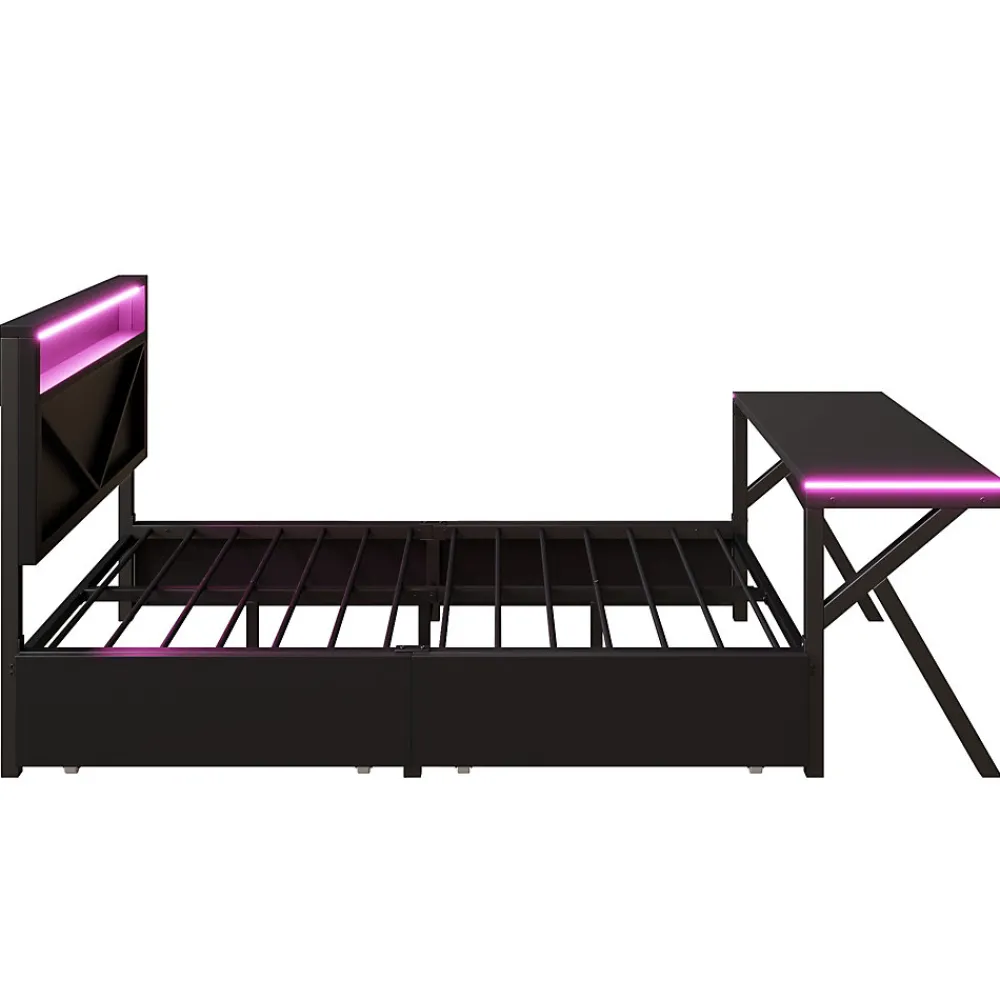 Lit double en métal 140x200cm - avec tête de lit LED - 2 tiroirs et bureau avec éclairage LED - Noir (Matelas non inclus)>ModernLuxe Sale
