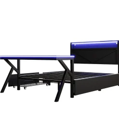 Lit double en métal 140x200cm - avec tête de lit LED - 2 tiroirs et bureau avec éclairage LED - Noir (Matelas non inclus)><noscript><img width=