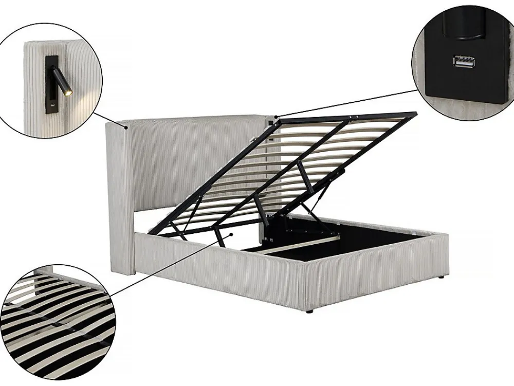 Lit double en velours côtelé avec coffre et lampe intégré "Cortina" 140 x 190 cm Beige>Palozi Home New