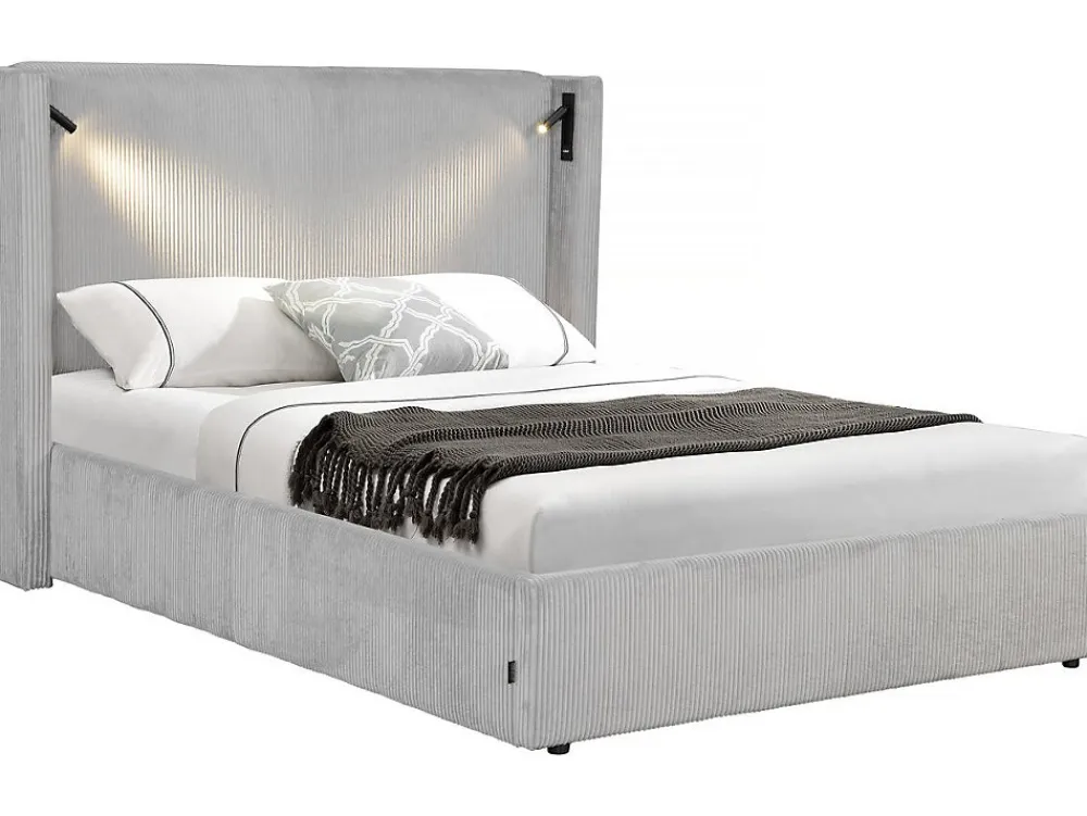 Lit double en velours côtelé avec coffre et lampe intégré "Cortina" 160 x 200 cm Gris>Palozi Home Clearance
