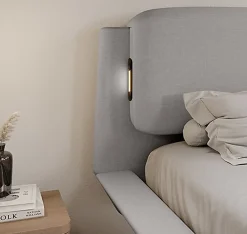 Lit double flottant tapissé - Lin gris - LED intégrée & ports USB - Sommier à lattes - 2 places 150x190 cm><noscript><img width=