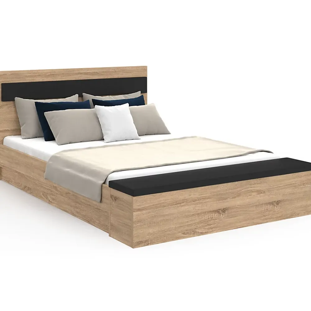 IDMarket Lit double GAELLE tête de lit + banc coffre et sommier 140 x 190 cm bois et noir* Lit Avec Rangement