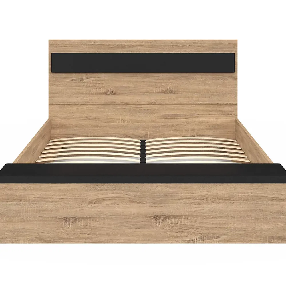 IDMarket Lit double GAELLE tête de lit + banc coffre et sommier 140 x 190 cm bois et noir* Lit Avec Rangement