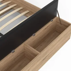 IDMarket Lit double GAELLE tête de lit + banc coffre et sommier 140 x 190 cm bois et noir* Lit Avec Rangement