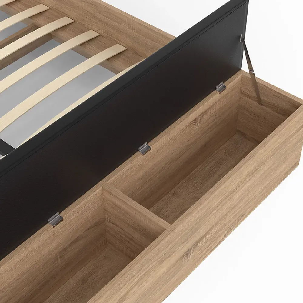 IDMarket Lit double GAELLE tête de lit + banc coffre et sommier 140 x 190 cm bois et noir* Lit Avec Rangement