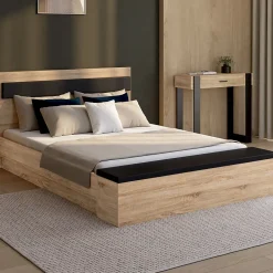 IDMarket Lit double GAELLE tête de lit + banc coffre et sommier 140 x 190 cm bois et noir* Lit Avec Rangement