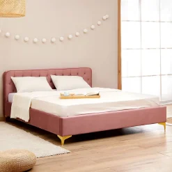 Idimex Lit double GLAMOUR, 140x190 cm, capitonné avec sommier, revêtement en velours rose* Lit Double