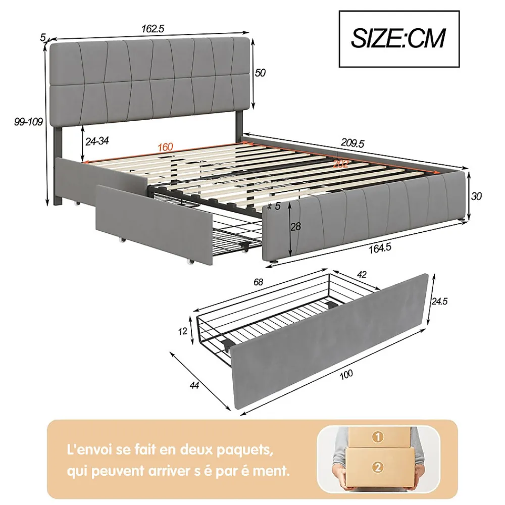 Lit double gris 160 x 200 cm, velours, cadre de lit avec 4 tiroirs, sans matelas>ProximaX Hot