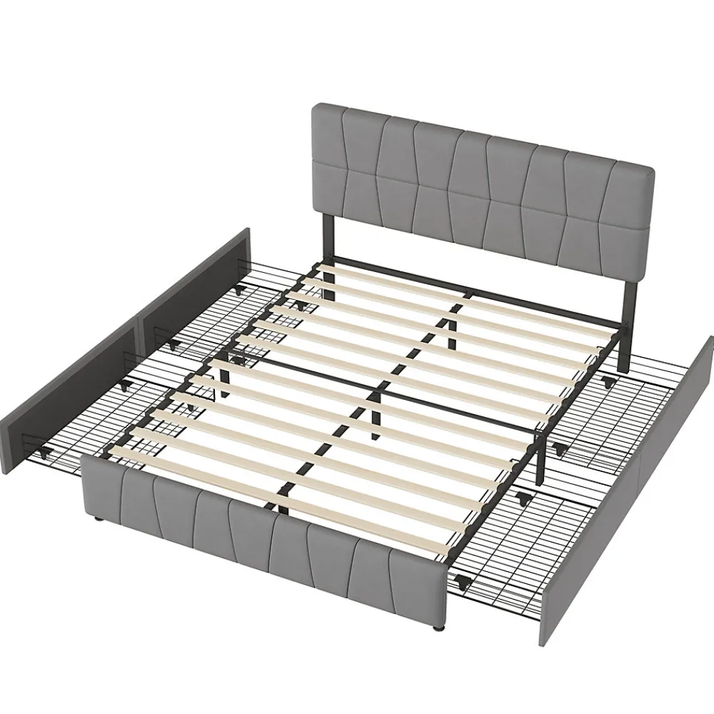 Lit double gris 160 x 200 cm, velours, cadre de lit avec 4 tiroirs, sans matelas>ProximaX Hot