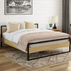 Lit double industriel DETROIT avec tête de lit et sommier 140 x 190 cm bois et métal noir>IDMarket Discount