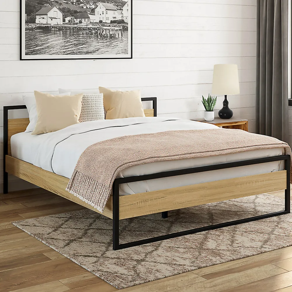 Lit double industriel DETROIT avec tête de lit et sommier 140 x 190 cm bois et métal noir>IDMarket Discount