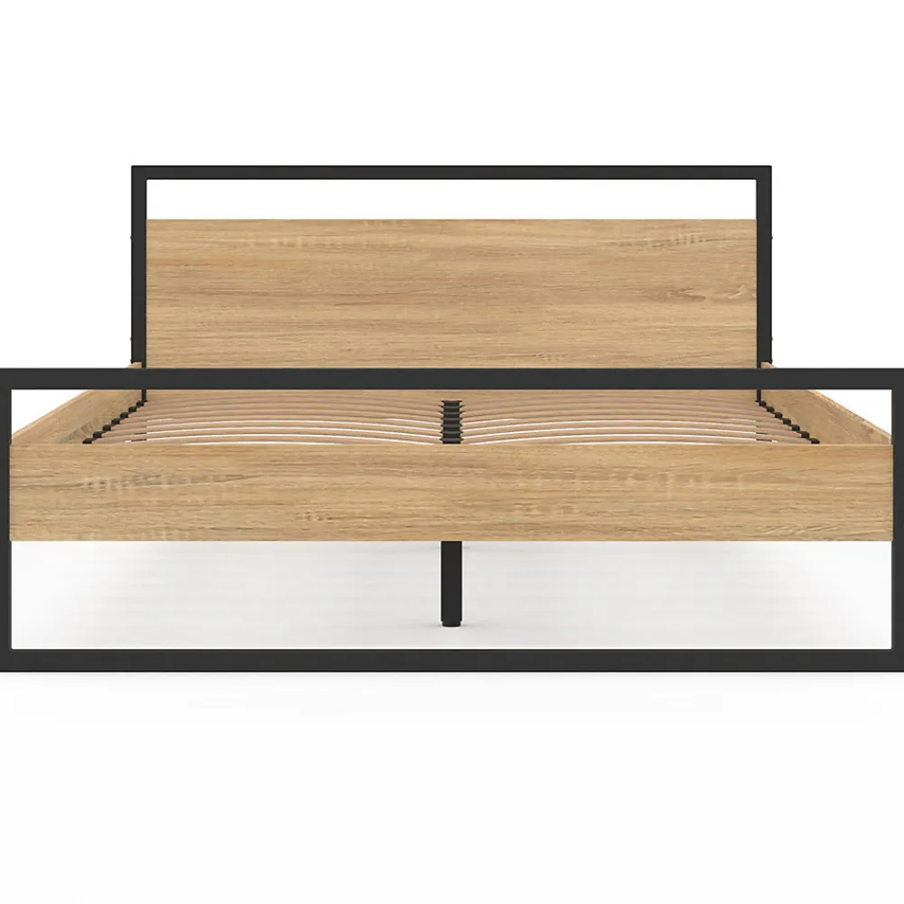 Lit double industriel DETROIT avec tête de lit et sommier 140 x 190 cm bois et métal noir>IDMarket Discount