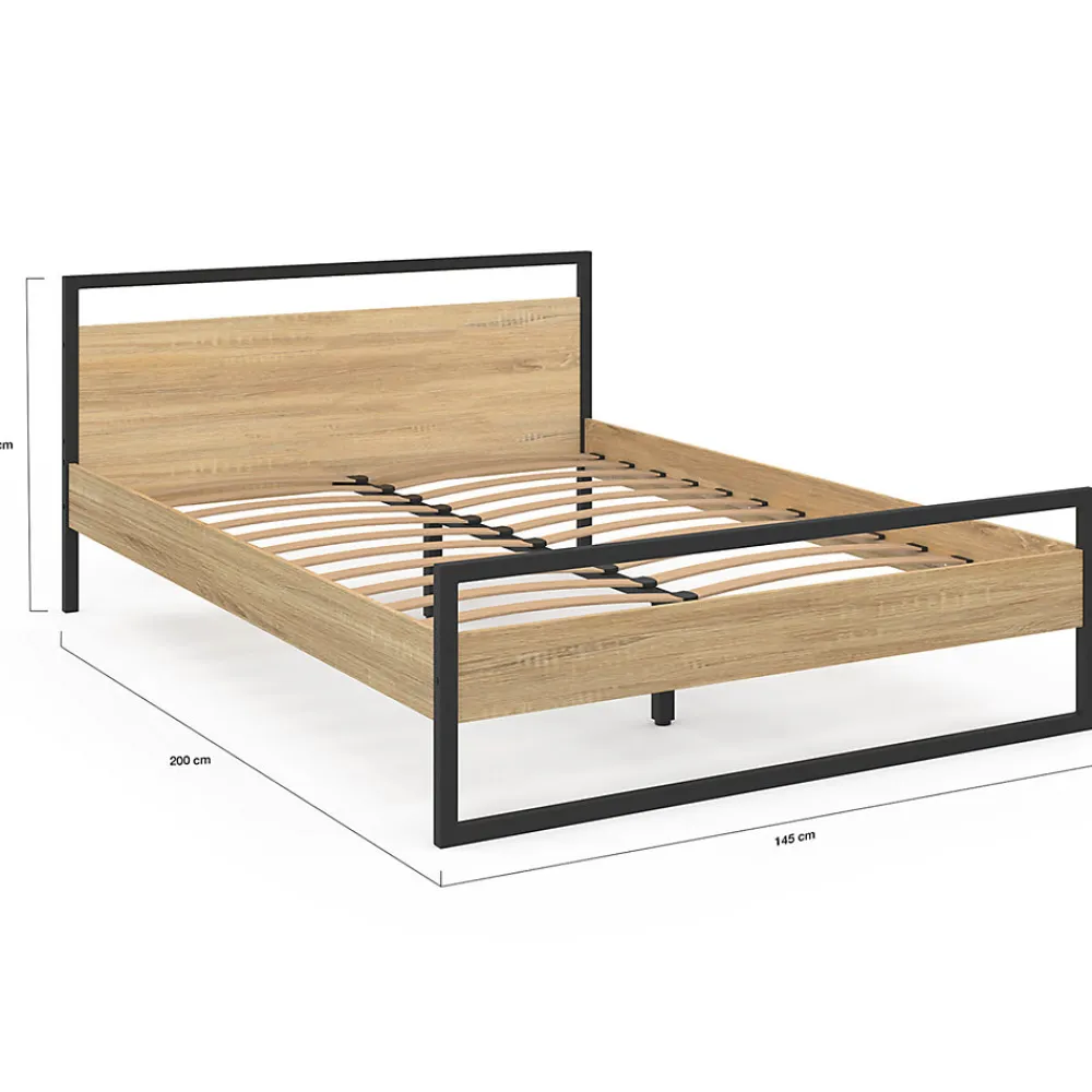 Lit double industriel DETROIT avec tête de lit et sommier 140 x 190 cm bois et métal noir>IDMarket Discount