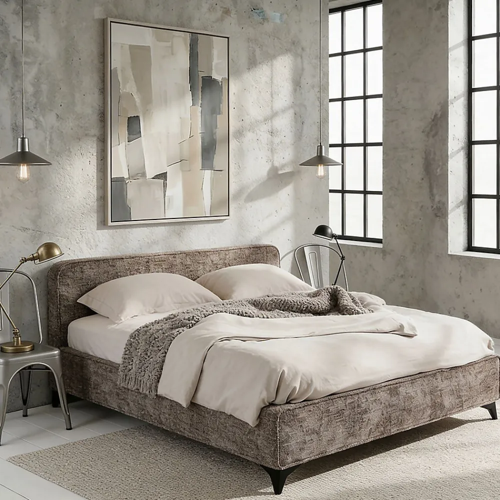 Lit double LEVERDA 140 x 190 cm, revêtement en tissu - Gris>Idimex Discount