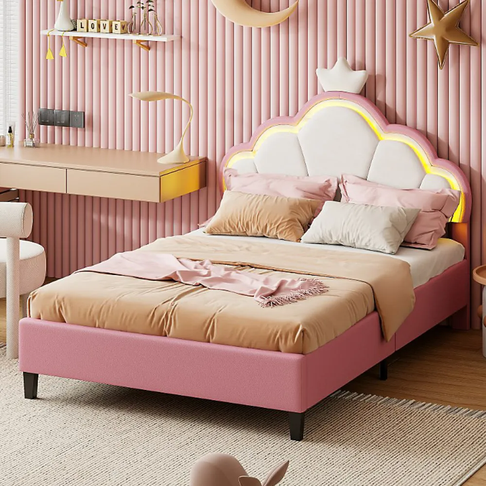 Simple Life Lit double Lit adulte 90 x 200 cm avec bande lumineuse LED, en cuir PU, rose* Lit Coffre
