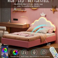 Simple Life Lit double Lit adulte 90 x 200 cm avec bande lumineuse LED, en cuir PU, rose* Lit Coffre