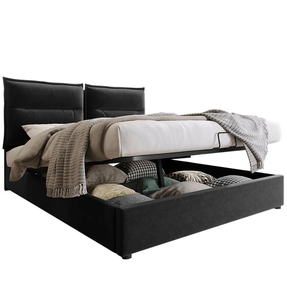 Lit double lit rembourré hydraulique 140x200cm, lit de rangement avec sommier à lattes métalliques, velours, noir,sans matelas>Gutent Hot