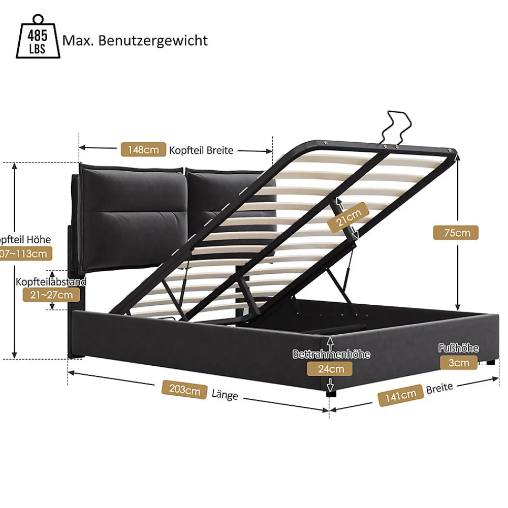Lit double lit rembourré hydraulique 140x200cm, lit de rangement avec sommier à lattes métalliques, velours, noir,sans matelas>Gutent Hot