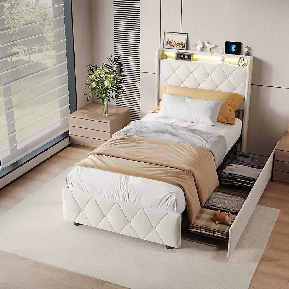 ProximaX Lit double, lit rembourré 90x200 cm en velours avec tiroirs, tête de lit avec USB & USB-C et LED multicolore, Beige* Lit Coffre