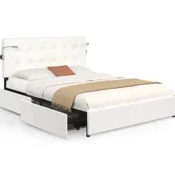 IDMarket Lit double MAEL 140 x 190 cm avec tête de lit capitonnée PVC blanc liseuses intégrées et sommier et 2 tiroirs sur roulettes* Lit Avec Rangement