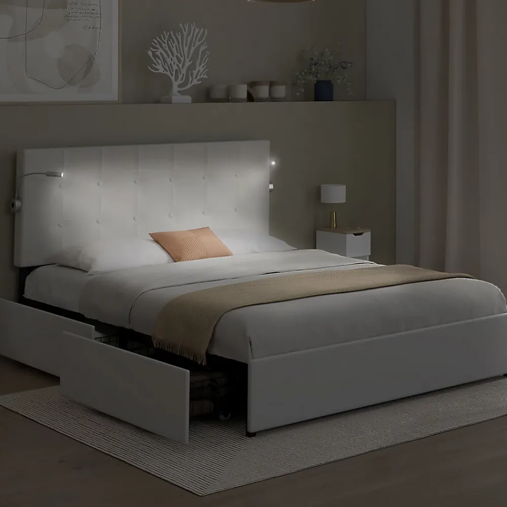 IDMarket Lit double MAEL 140 x 190 cm avec tête de lit capitonnée PVC blanc liseuses intégrées et sommier et 2 tiroirs sur roulettes* Lit Avec Rangement