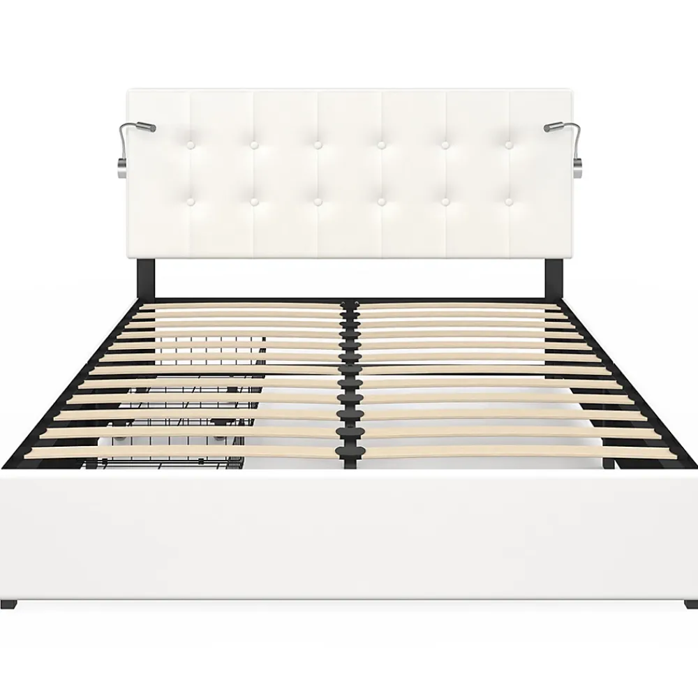 IDMarket Lit double MAEL 140 x 190 cm avec tête de lit capitonnée PVC blanc liseuses intégrées et sommier et 2 tiroirs sur roulettes* Lit Avec Rangement