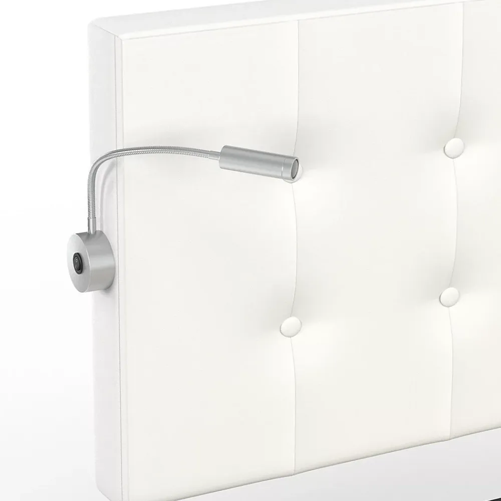 IDMarket Lit double MAEL 140 x 190 cm avec tête de lit capitonnée PVC blanc liseuses intégrées et sommier et 2 tiroirs sur roulettes* Lit Avec Rangement