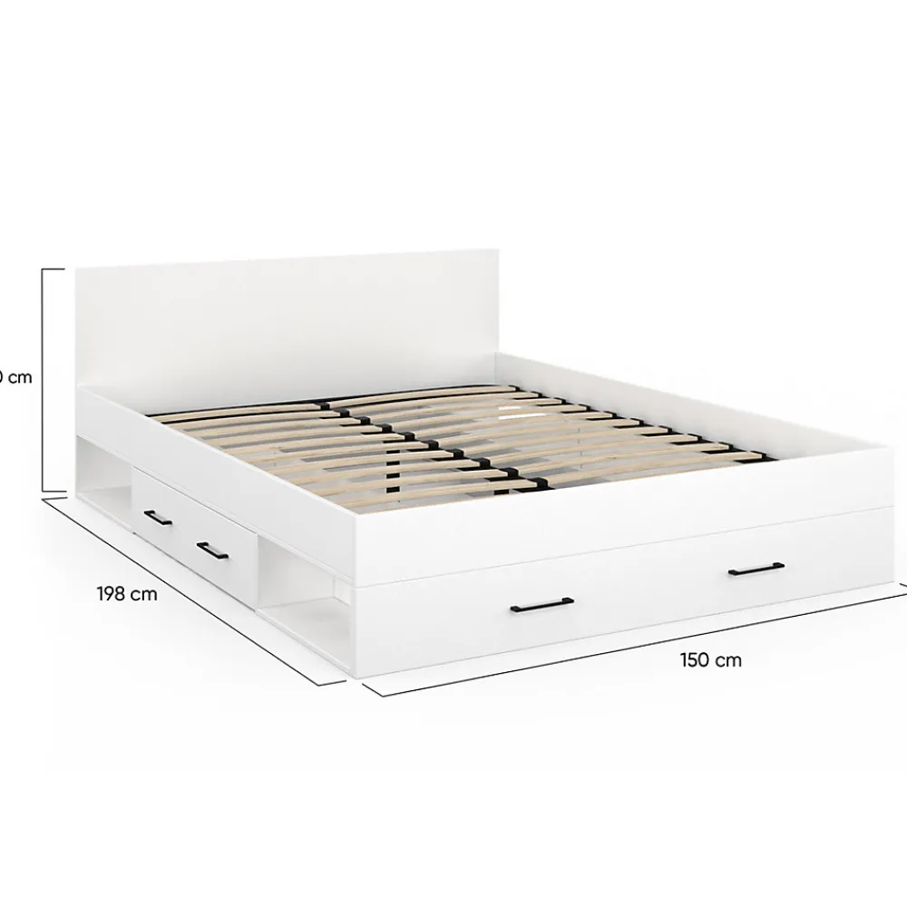 Lit double MINEA avec tiroirs + niches de rangement + tête de lit et sommier 140 x 190 cm blanc>IDMarket Online