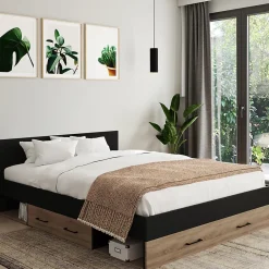 IDMarket Lit double MINEA avec tiroirs + niches de rangement + tête de lit et sommier 140 x 190 cm façon hêtre et noir* Lit Avec Rangement