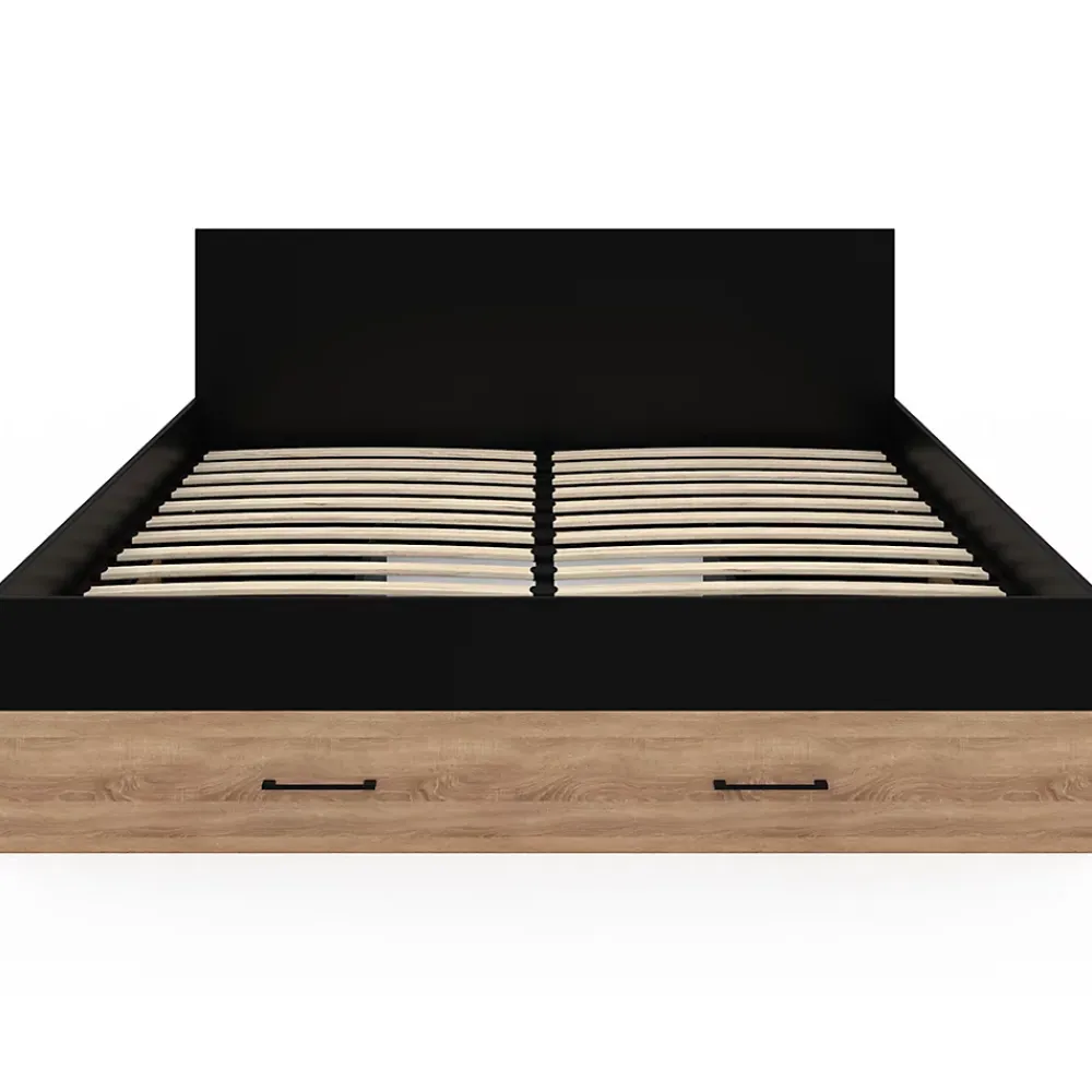 IDMarket Lit double MINEA avec tiroirs + niches de rangement + tête de lit et sommier 140 x 190 cm façon hêtre et noir* Lit Avec Rangement