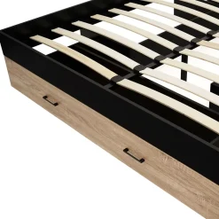 IDMarket Lit double MINEA avec tiroirs + niches de rangement + tête de lit et sommier 140 x 190 cm façon hêtre et noir* Lit Avec Rangement