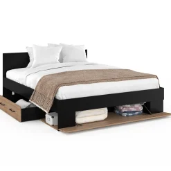 IDMarket Lit double MINEA avec tiroirs + niches de rangement + tête de lit et sommier 140 x 190 cm façon hêtre et noir* Lit Avec Rangement