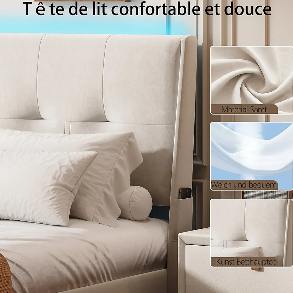Lit double moderne 160x200 cm, tête de lit rembourrée, LED intégrées, rangement sous sommier, design minimaliste, beige.>Simple Life Outlet