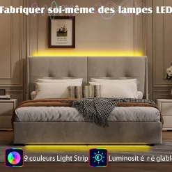 Lit double moderne 160x200 cm, tête de lit rembourrée, LED intégrées, rangement sous sommier, design minimaliste, beige.><noscript><img width=