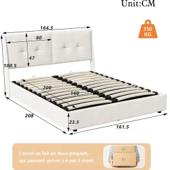 Lit double moderne 160x200 cm, tête de lit rembourrée, LED intégrées, rangement sous sommier, design minimaliste, beige.><noscript><img width=