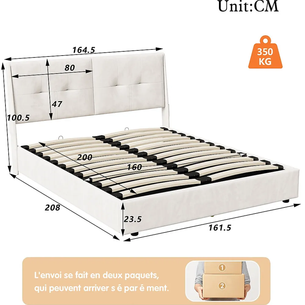 Lit double moderne 160x200 cm, tête de lit rembourrée, LED intégrées, rangement sous sommier, design minimaliste, beige.>Simple Life Outlet